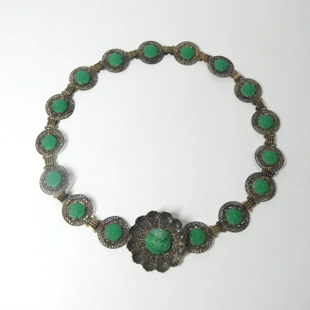 Metal Flower Link Belt w/ Carved Green Glass 26
